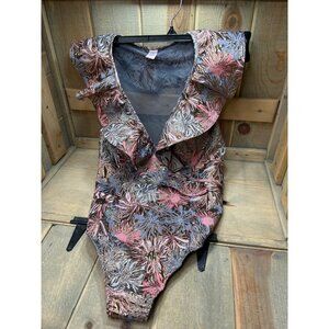 Victorias Secret Floral Ruffled Thong Bodysuit L/G 170/104A Pink Gray Gold